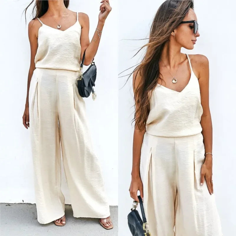 Conjunto Mujer Top Tirantes Pantalón Ancho Elegante