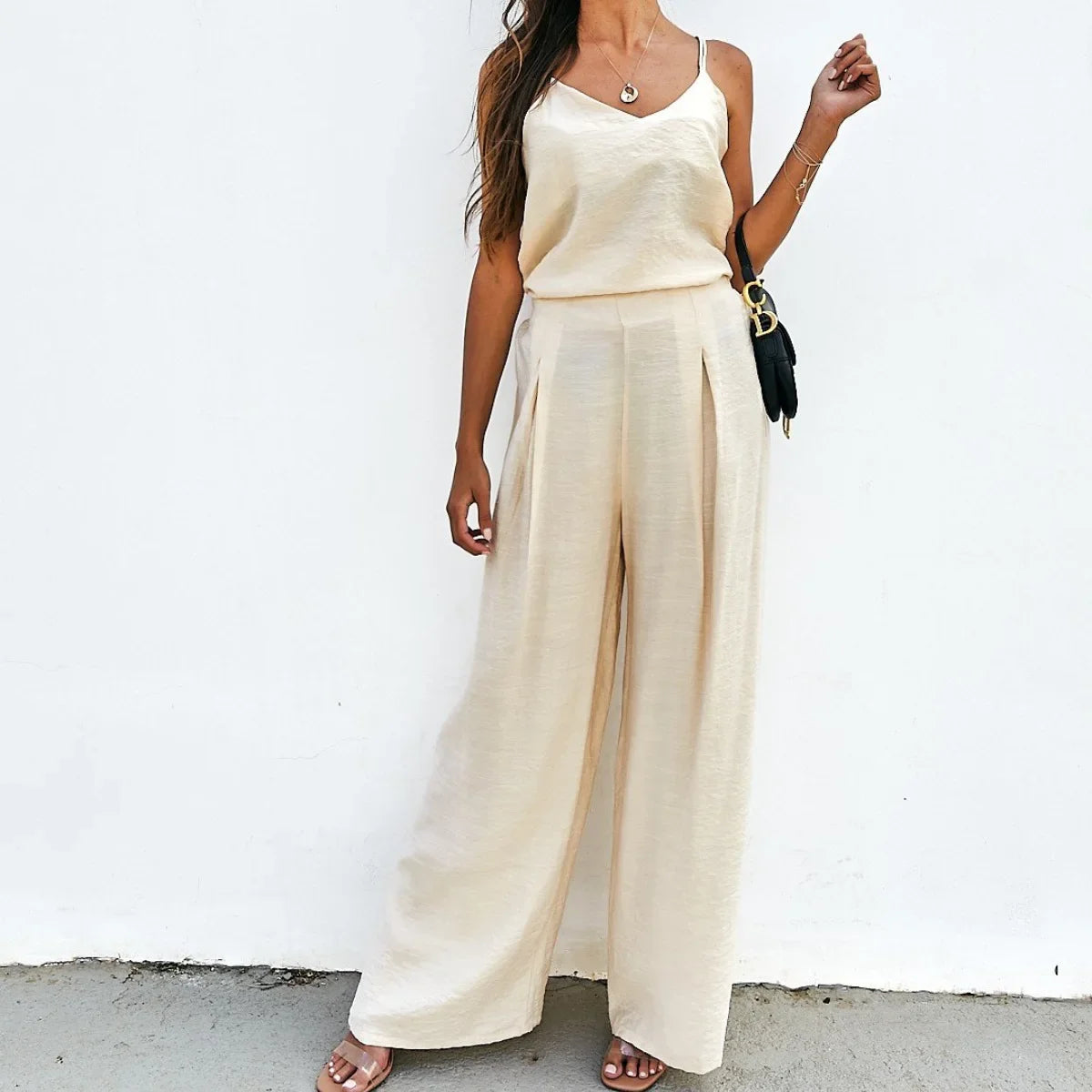 Conjunto Mujer Top Tirantes Pantalón Ancho Elegante