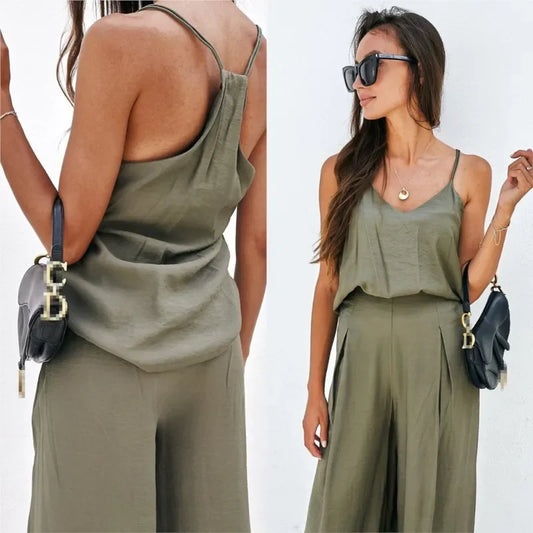 Conjunto Mujer Top Tirantes Pantalón Ancho Elegante